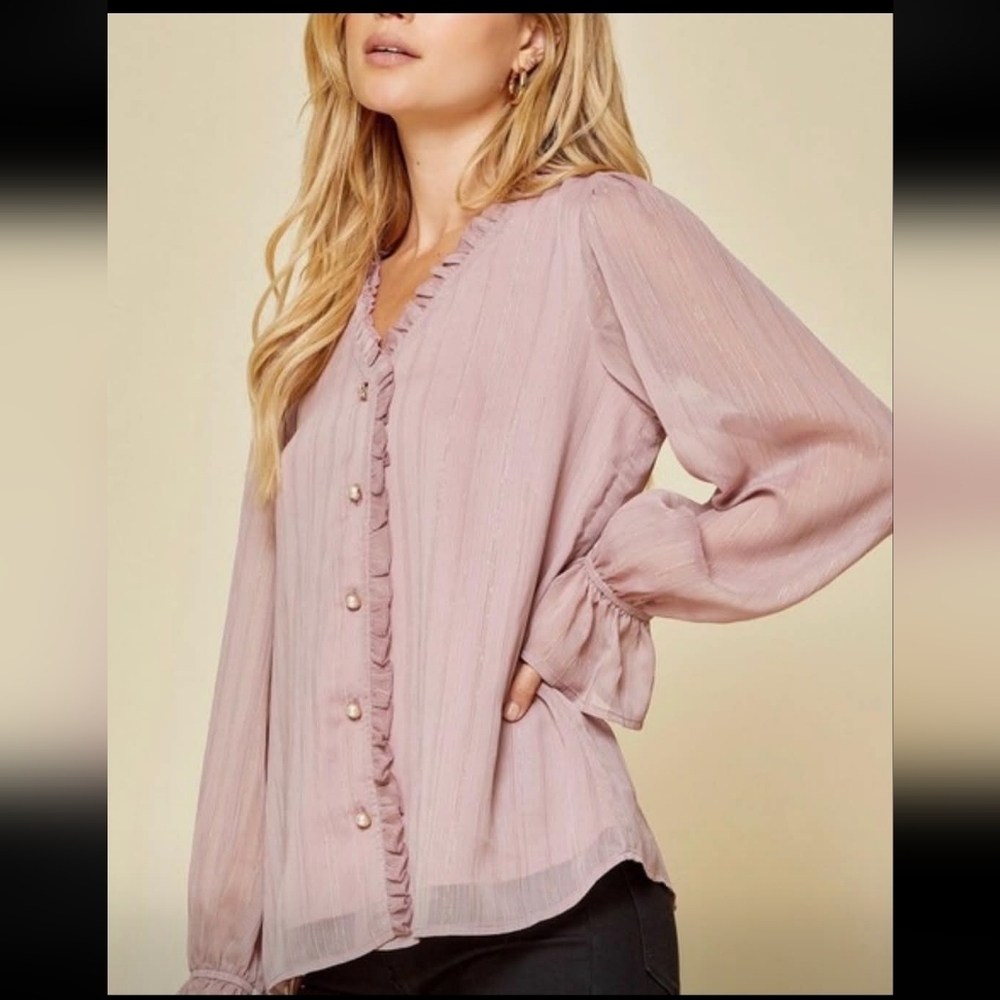 Andree By Unit Button Up Blouse Long Sleeve Pink Gold Shimmer Sz M